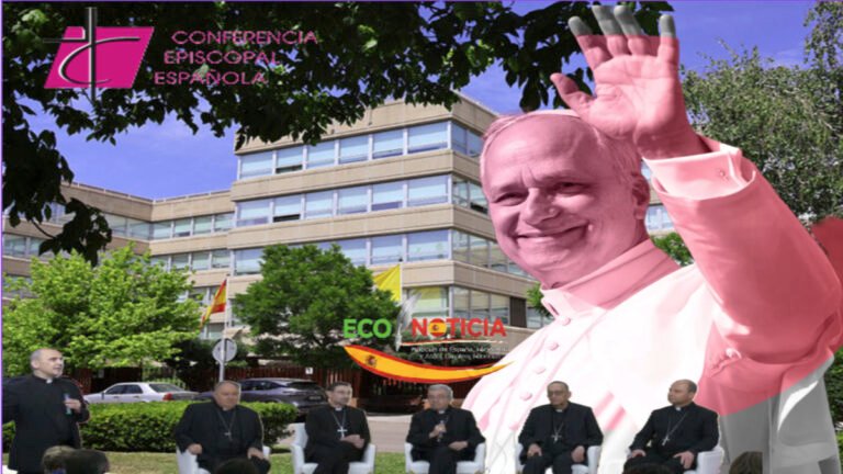El Papa León XIV saludando sobreimpresionado ante la fachada de la sede de la Conferencia Episcopal Española durante su viaje apostólico.