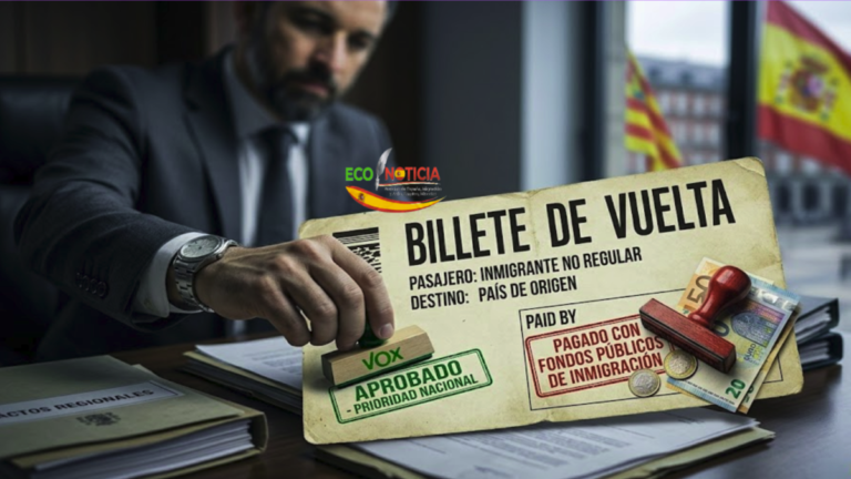 Primer plano de un documento simbólico "Billete de Vuelta" con sellos de fondos públicos, billetes de euro y banderas de España al fondo, representando la propuesta de Vox.