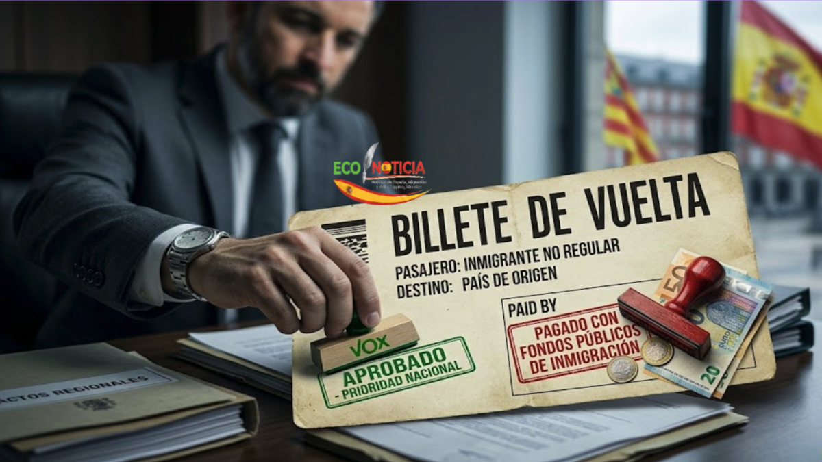 Primer plano de un documento simbólico "Billete de Vuelta" con sellos de fondos públicos, billetes de euro y banderas de España al fondo, representando la propuesta de Vox.