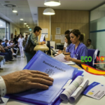Paciente con carpeta de Sanidad Pública en una recepción hospitalaria en España, comparando servicios frente al seguro médico privado.