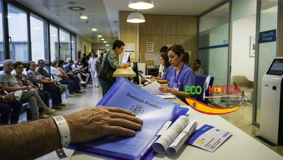 Paciente con carpeta de Sanidad Pública en una recepción hospitalaria en España, comparando servicios frente al seguro médico privado.