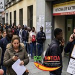 Cola de personas frente a una oficina de extranjería en España con un móvil mostrando el mensaje de no hay citas disponibles.
