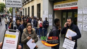 Cola de personas frente a una oficina de extranjería en España con un móvil mostrando el mensaje de no hay citas disponibles.