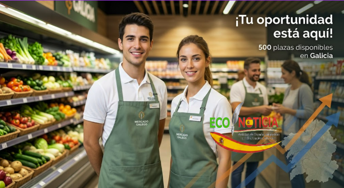 Dos empleados sonrientes con delantal verde en la sección de frescos de un supermercado de Galicia para ilustrar la oferta de empleo en España donde se buscan 500 trabajadores para supermercados.