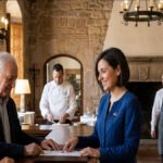 Recepcionista de Paradores atendiendo a clientes en España, con personal de cocina y camareros al fondo, representando el empleo indefinido en España.