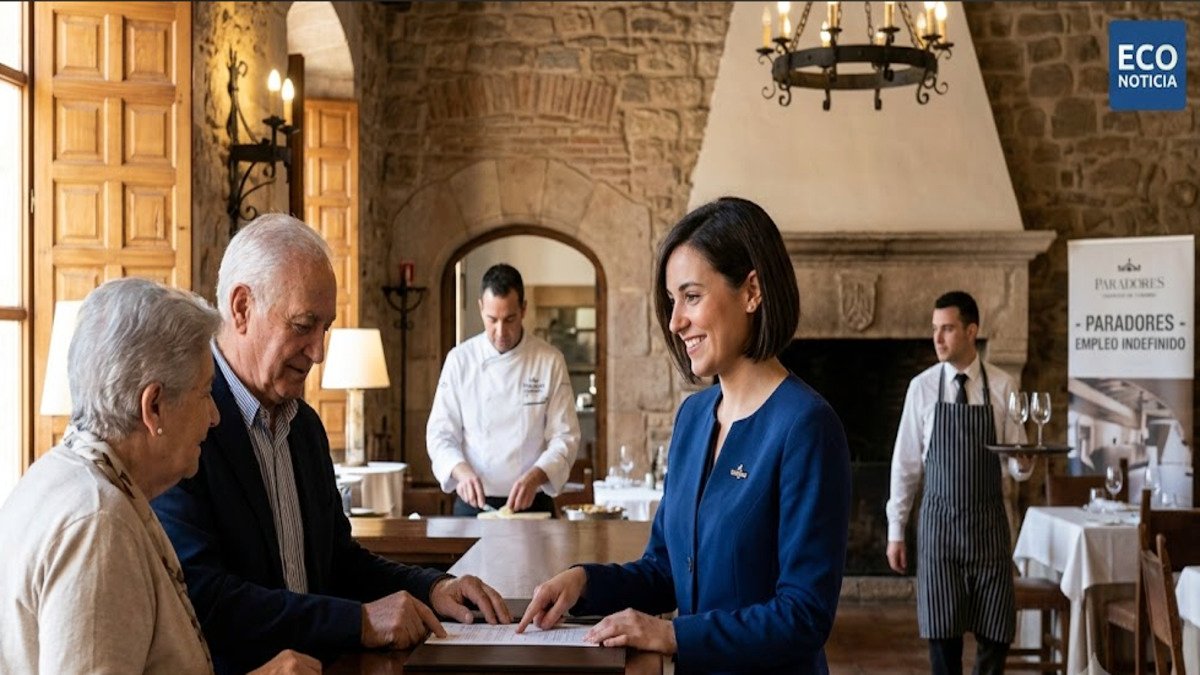Recepcionista de Paradores atendiendo a clientes en España, con personal de cocina y camareros al fondo, representando el empleo indefinido en España.