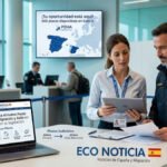 Un agente del Ministerio del Interior de España y una asesora jurídica analizan documentos frente a una pantalla explicativa sobre los cinco pilares del nuevo Pacto Europeo de Migración y Asilo.