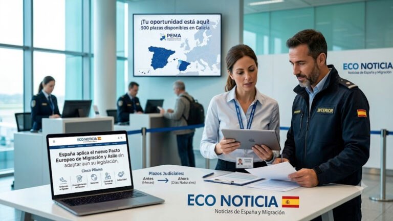 Un agente del Ministerio del Interior de España y una asesora jurídica analizan documentos frente a una pantalla explicativa sobre los cinco pilares del nuevo Pacto Europeo de Migración y Asilo.