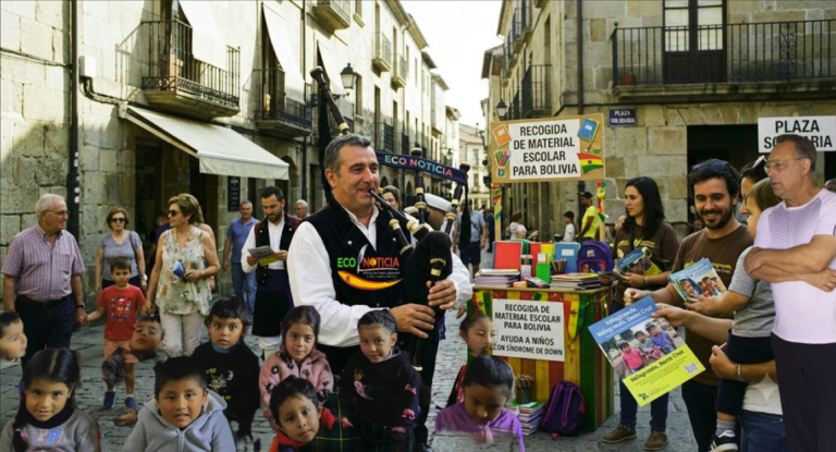 Gaiteros solidarios en España tocando música en la calle para recaudar material escolar para niños de Bolivia