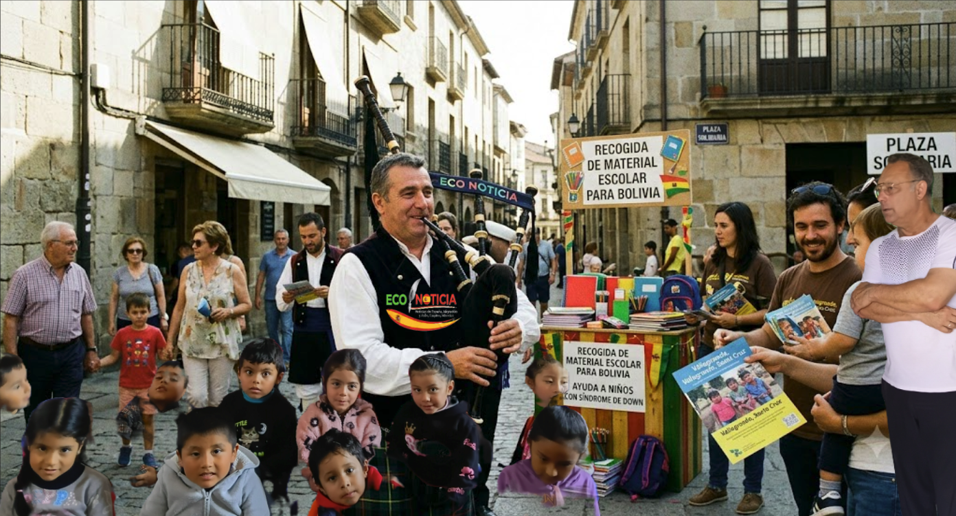 Gaiteros solidarios en España tocando música en la calle para recaudar material escolar para niños de Bolivia