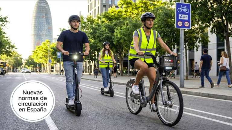 Ciclistas y usuarios de patinetes eléctricos circulan por una vía urbana en España bajo las nuevas normas de circulación impulsadas por la DGT.