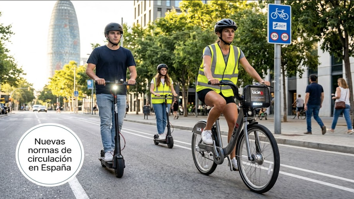 Ciclistas y usuarios de patinetes eléctricos circulan por una vía urbana en España bajo las nuevas normas de circulación impulsadas por la DGT.