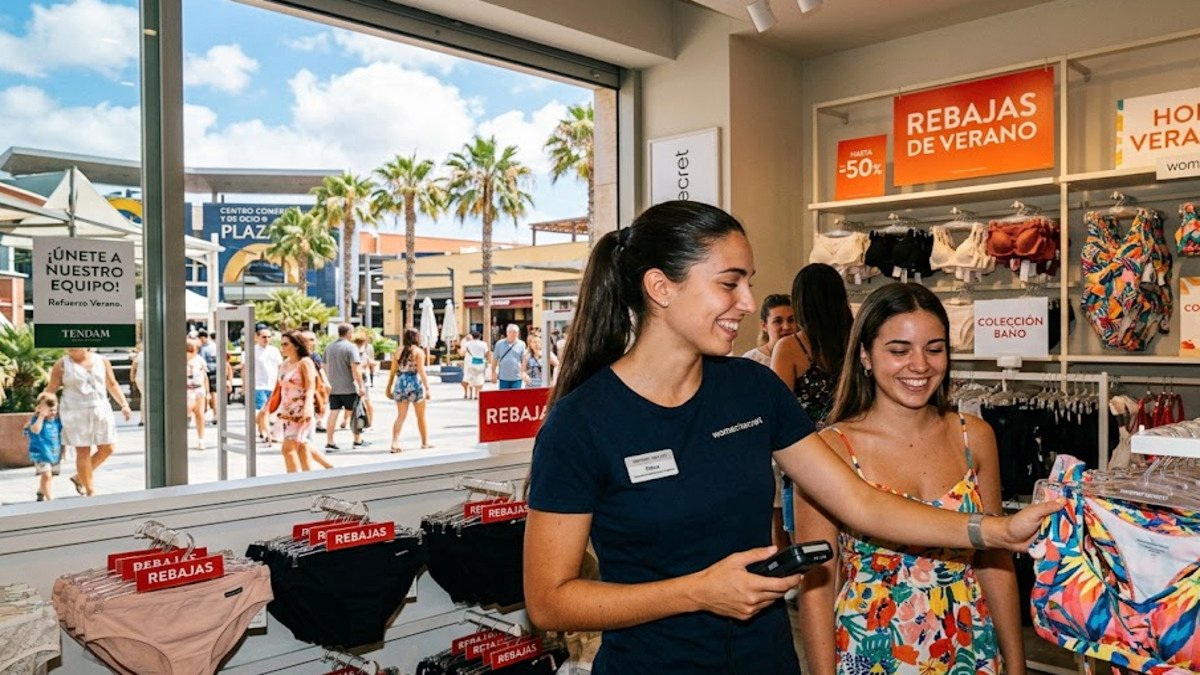 Una dependienta ayuda a una clienta en una tienda de Women'secret durante las rebajas de verano, vinculada a las ofertas de empleo en Canarias, Cataluña y Madrid.