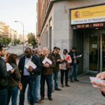 Personas esperando frente a una Oficina de Extranjería en Madrid con documentos para tramitar la residencia en España.