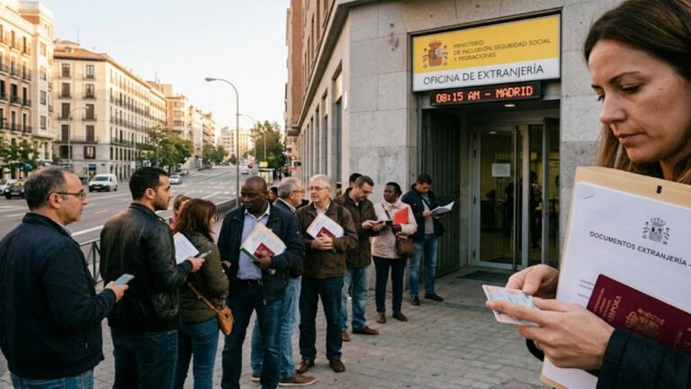 Personas esperando frente a una Oficina de Extranjería en Madrid con documentos para tramitar la residencia en España.
