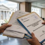 Un funcionario sostiene carpetas oficiales sobre el proceso de regularización de migrantes en España frente al Congreso.