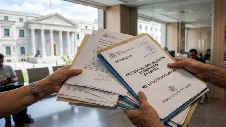 Un funcionario sostiene carpetas oficiales sobre el proceso de regularización de migrantes en España frente al Congreso.