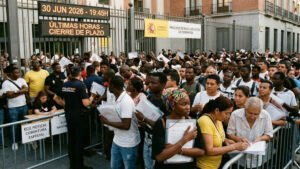 Multitud de solicitantes con documentos haciendo fila en las últimas horas del proceso de regularización de migrantes en España el 30 de junio.