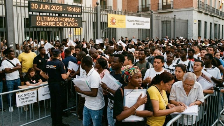 Finaliza la regularización de migrantes en España: qué ocurrirá con un millón de expedientes 1 Multitud de solicitantes con documentos haciendo fila en las últimas horas del proceso de regularización de migrantes en España el 30 de junio.