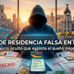 Ilustración de investigación sobre redes de residencia falsa en España con el skyline de Madrid y documentos falsificados.