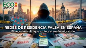 Ilustración de investigación sobre redes de residencia falsa en España con el skyline de Madrid y documentos falsificados.