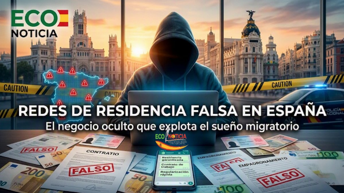 Ilustración de investigación sobre redes de residencia falsa en España con el skyline de Madrid y documentos falsificados.