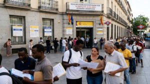 Personas haciendo cola frente a una Oficina de Extranjería en España con documentos para el proceso de regularización de inmigrantes.