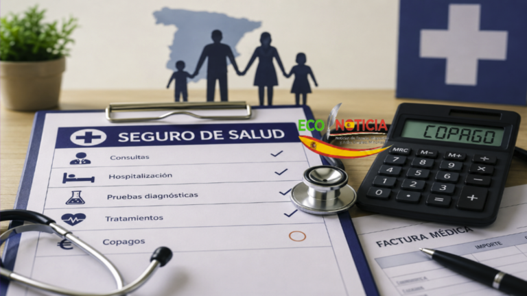 Documento de seguro de salud en España con copagos, cobertura médica y herramientas de cálculo sobre una mesa de oficina