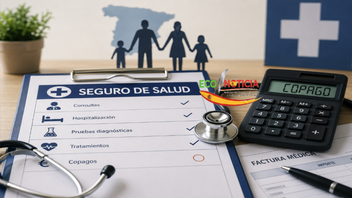 Documento de seguro de salud en España con copagos, cobertura médica y herramientas de cálculo sobre una mesa de oficina