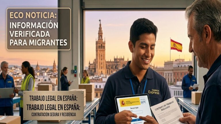 Trabajador mostrando un contrato de trabajo regulado en España junto al acceso de plataformas oficiales, exclusivo de Eco Noticia.