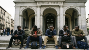 Auto del Tribunal Supremo sobre la prohibición de devoluciones en caliente por mar a Ceuta y Melilla con migrantes ante el edificio judicial.