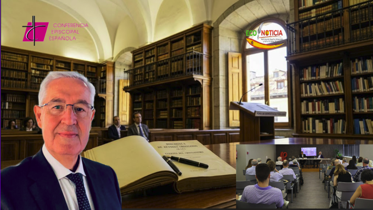 Pedro Miguel García Fraile, nuevo director de la BAC nombrado por la Conferencia Episcopal Española, junto a imágenes del foro sobre democracia.