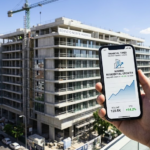 Una mano sosteniendo un teléfono inteligente con un gráfico de crecimiento financiero frente a un edificio residencial en construcción en Madrid.