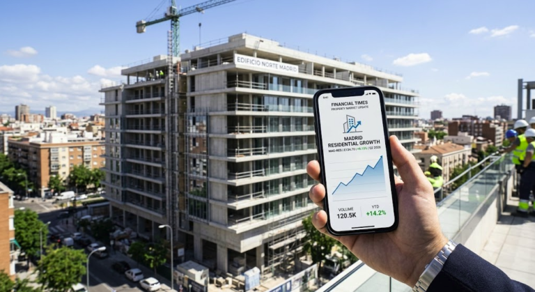 Una mano sosteniendo un teléfono inteligente con un gráfico de crecimiento financiero frente a un edificio residencial en construcción en Madrid.