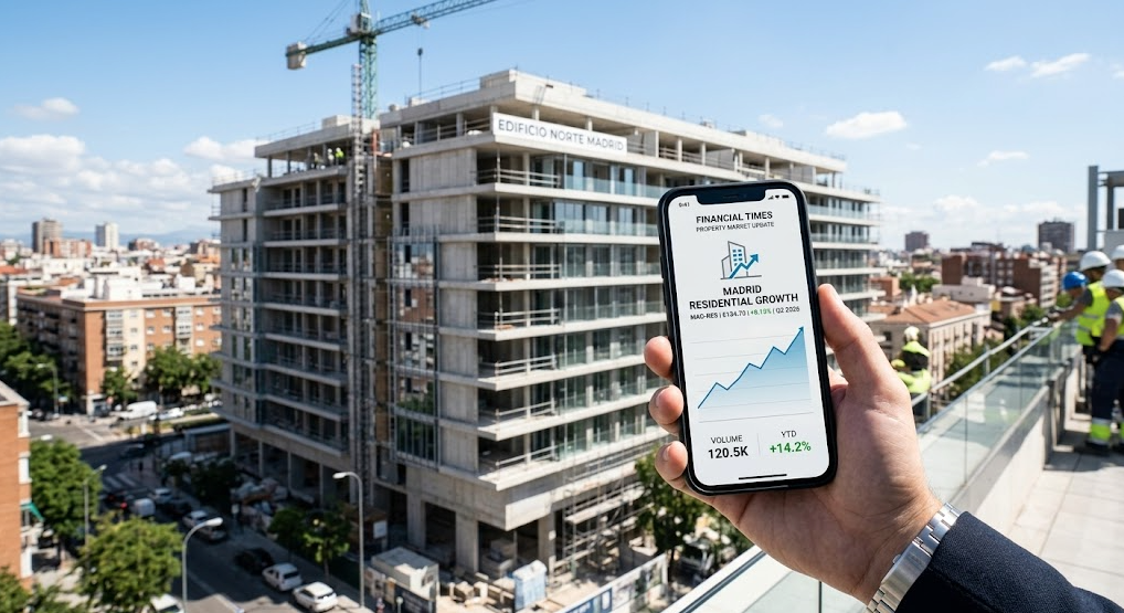 Inversión inmobiliaria en España: Análisis de Urbanitae 1 Una mano sosteniendo un teléfono inteligente con un gráfico de crecimiento financiero frente a un edificio residencial en construcción en Madrid.
