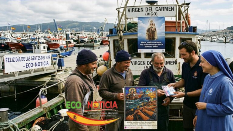 Día de las gentes del mar: la labor esencial de Stella maris 2 Voluntarios de Stella maris y una religiosa apoyando a pescadores en el Día de las gentes del mar en el puerto de Vigo.