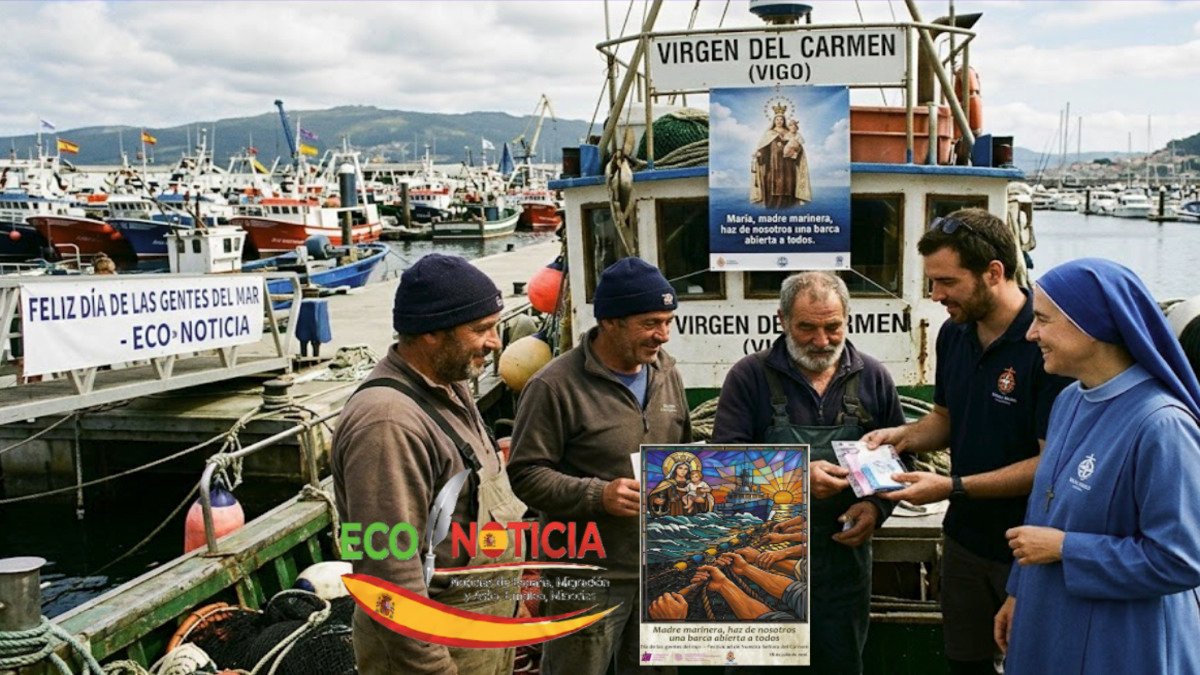 Día de las gentes del mar: la labor esencial de Stella maris 1 Voluntarios de Stella maris y una religiosa apoyando a pescadores en el Día de las gentes del mar en el puerto de Vigo.