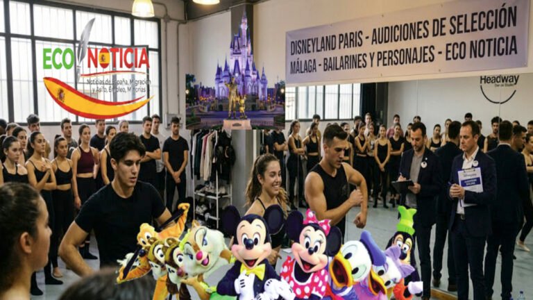 Jóvenes bailarines realizan una prueba coreográfica en el Headway Dance Studio de Málaga para conseguir un empleo en Disneyland París.