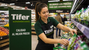Empleo en Tifer: trabajadora de supermercado reponiendo productos