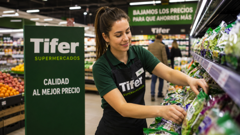 Empleo en Tifer: trabajadora de supermercado reponiendo productos