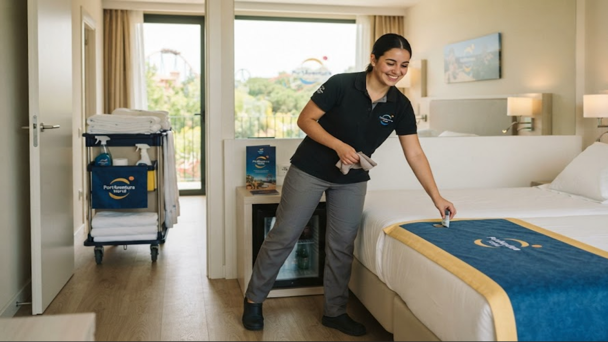 .Empleada de limpieza de PortAventura World preparando una habitación de hotel.