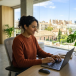 Una profesional creativa trabaja en su portafolio digital en la plataforma Contra desde una oficina con vistas a Valencia, España.