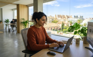 Una profesional creativa trabaja en su portafolio digital en la plataforma Contra desde una oficina con vistas a Valencia, España.