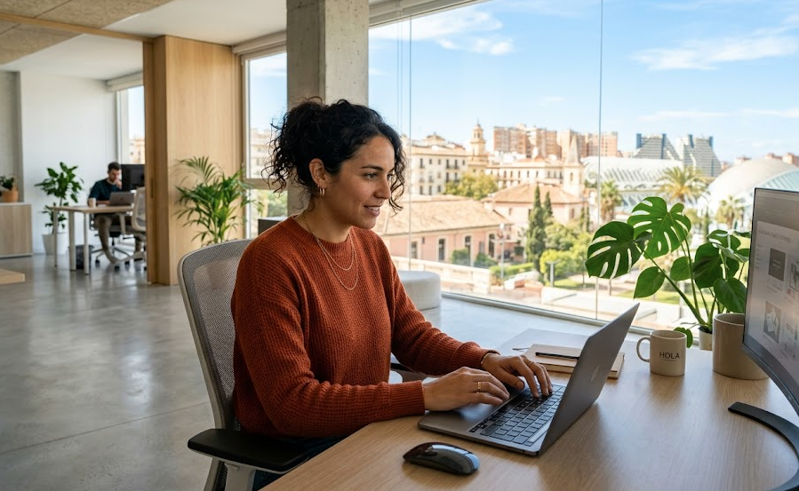 Guía de la plataforma Contra para el empleo libre 1 Una profesional creativa trabaja en su portafolio digital en la plataforma Contra desde una oficina con vistas a Valencia, España.