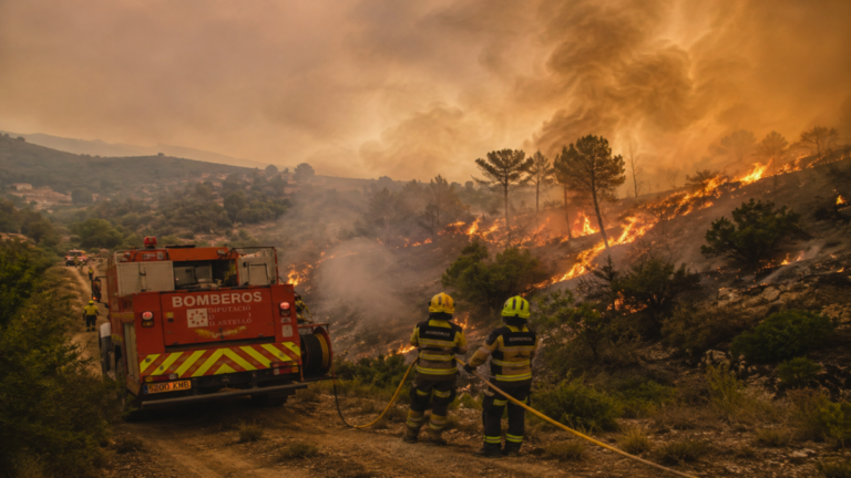 Castellón y Ávila pelean contra los incendios forestales en España y Francia 8 Bomberos combaten un incendio forestal en una zona montañosa durante las labores de extinción en Castellón y Ávila.
