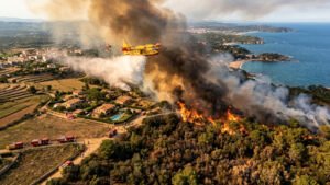 Labores de extinción de los incendios forestales en España cerca de la Costa Brava.