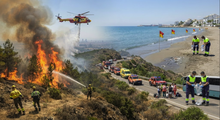 Incendios forestales en Madrid con equipos de emergencia trabajando mientras España mantiene la alerta por el calor extremo y la vigilancia ambiental.