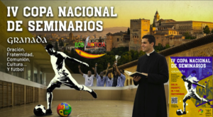 Cartel oficial de la IV Copa Nacional de Seminarios en Granada con elementos deportivos y religiosos