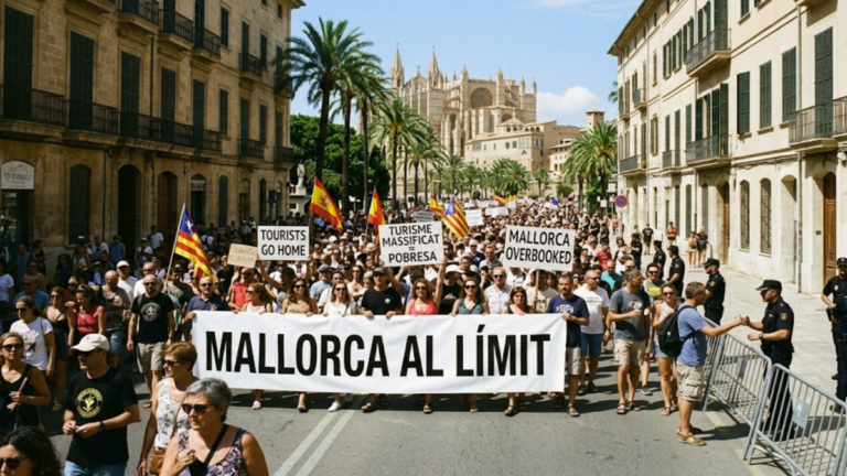 Thousands of protesters march through Palma, Mallorca, calling for limits on mass tourism and action to address rising housing costs.