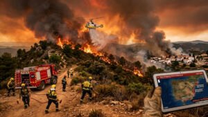 Mapa digital interactivo de incendios forestales en España con bomberos combatiendo el fuego y un helicóptero de extinción en acción